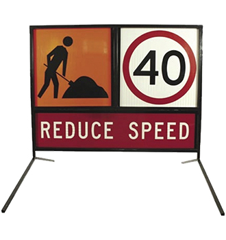 Reduce speed sign with worker and shovel symbol warning drivers of roadwork ahead from a trusted construction signage supplier